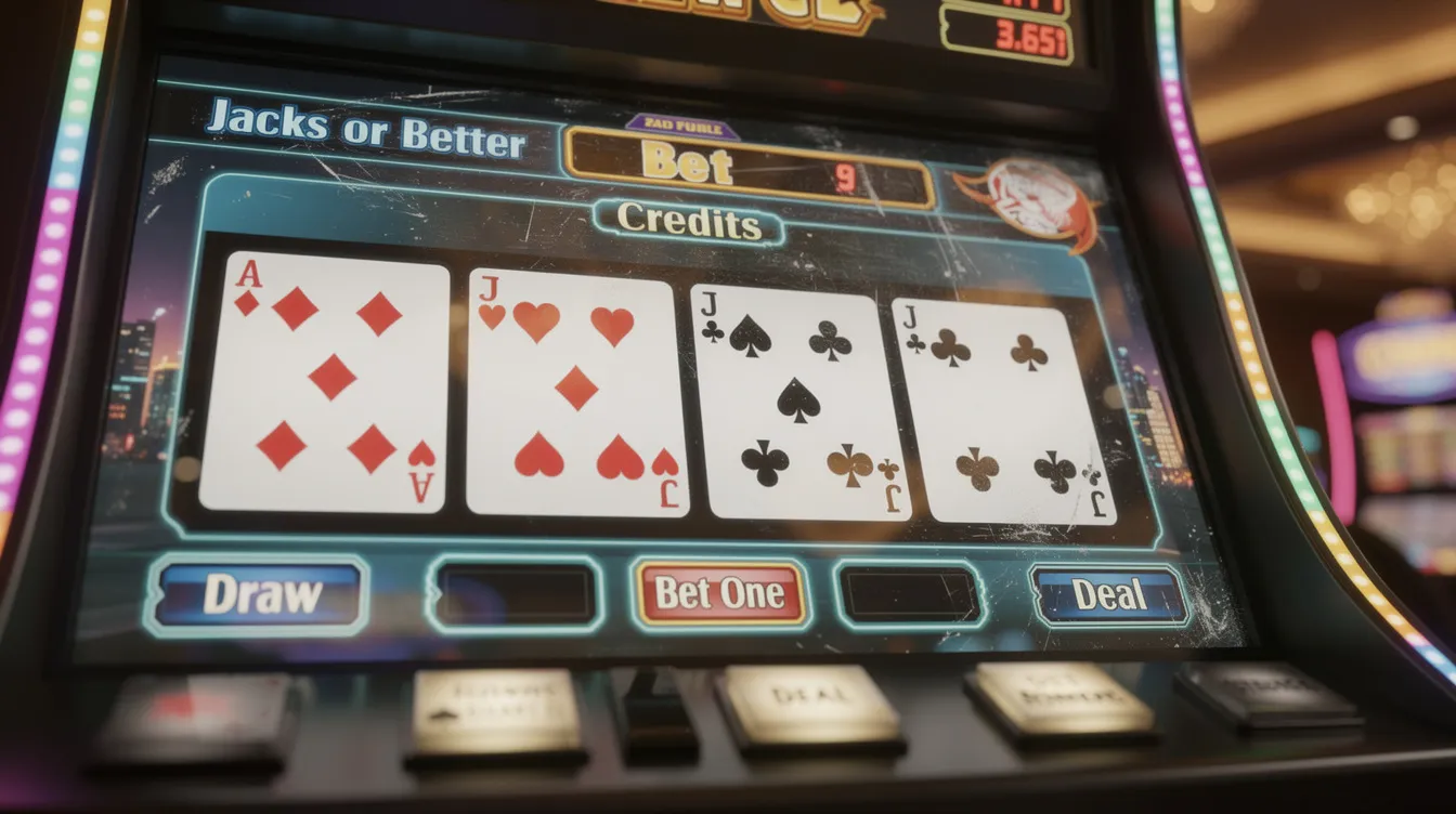 A close-up view of a video poker machine screen displays a hand of cards, highlighting the gaming experience found on the casino floor. This image captures the excitement of playing video poker, where players aim to use strategies to improve their odds of winning against the house edge.