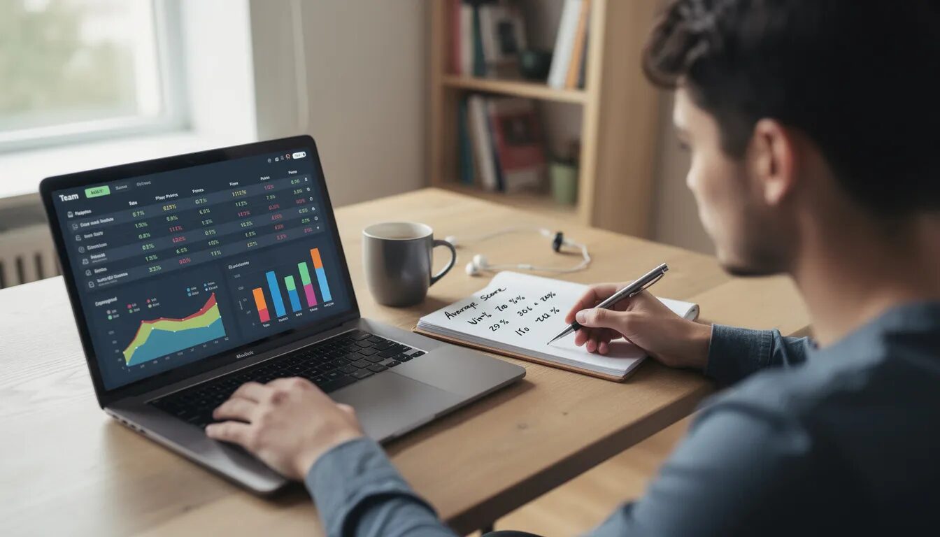 A person is focused on studying sports statistics on a laptop, with a notepad beside them for taking notes. The scene suggests a deep engagement in analyzing data related to sports betting, including points scored and team performance.
