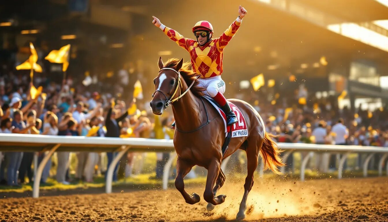 A jubilant jockey celebrates as their horse crosses the finish line, marking a victorious moment in a thrilling horse race. This scene captures the excitement of competitive races and the joy of winning, showcasing the triumph of a true favourite in horse racing.