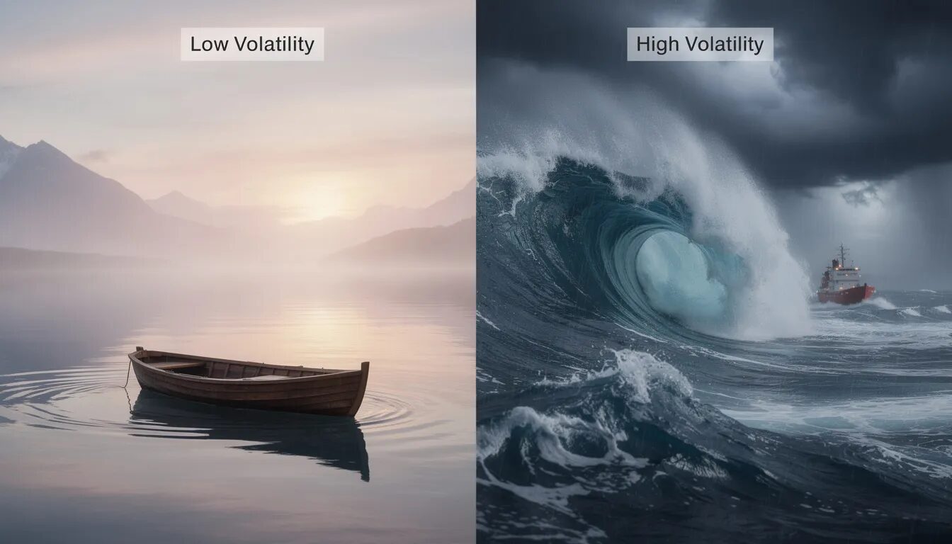 The image contrasts a serene, calm lake with a turbulent, stormy sea, symbolizing low volatility versus high volatility levels in casino games. This visual metaphor can help players understand their risk tolerance when choosing slots and employing a winning strategy in online casinos.