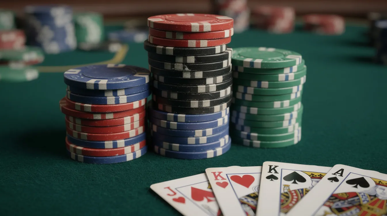 The image features a vibrant green felt casino table adorned with a stack of colorful casino chips alongside a few playing cards, evoking the excitement of classic table games found in online casinos. This scene captures the essence of gambling, perfect for those who enjoy playing online casino games.