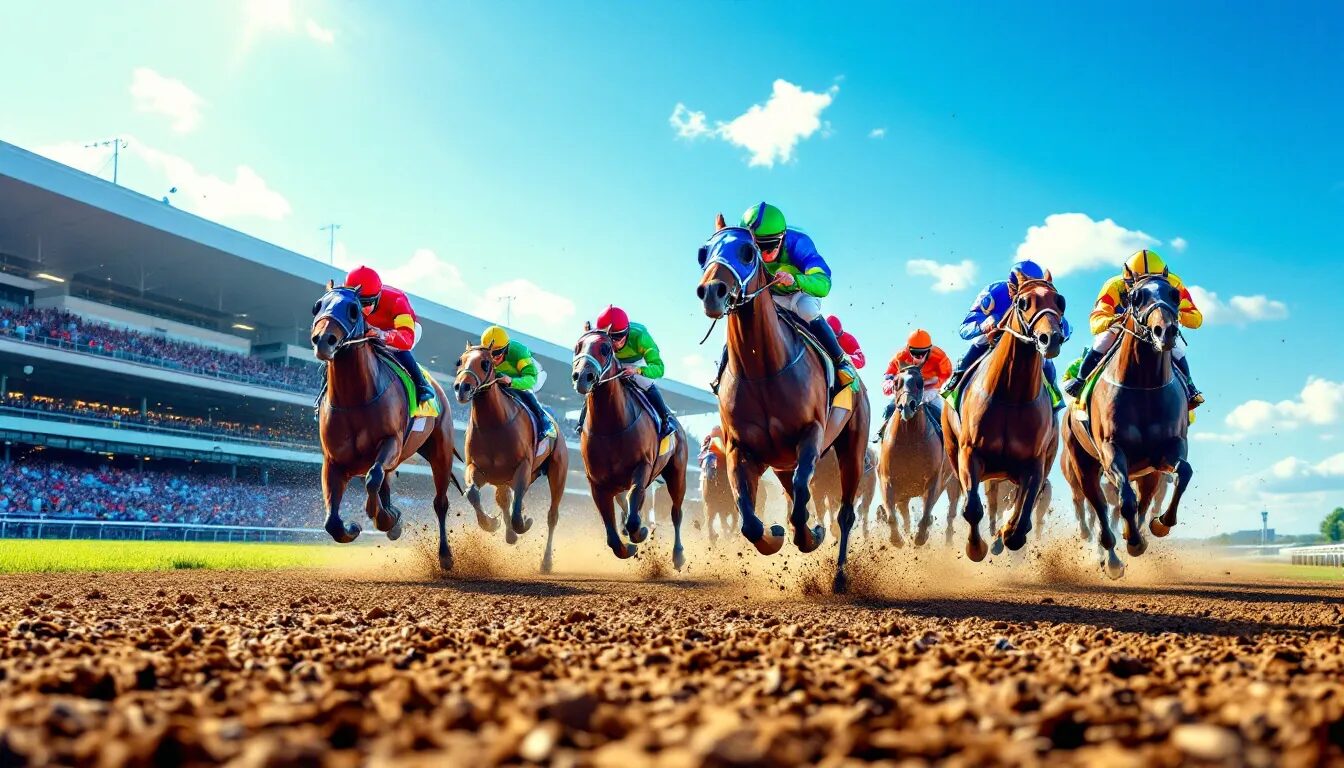In this vibrant image of a horse racing track, multiple horses with jockeys dressed in colorful silks are seen competing in a thrilling race. The scene captures the excitement of competitive races, highlighting the dynamic action as the horses gallop towards victory, emphasizing the world of horse racing and the strategies involved in betting on favourites.
