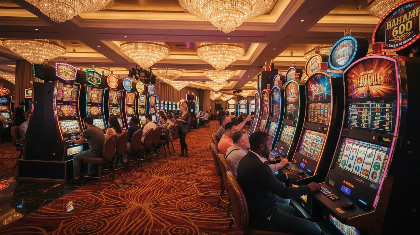 The image depicts a bustling casino floor filled with vibrant slot machines, where numerous gamblers are engaged in playing slots. The scene captures the excitement of potential winnings, as players try their luck at various gaming machines, hoping for a huge jackpot or smaller wins amidst the colorful lights and sounds.