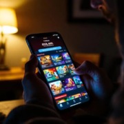 A person is sitting comfortably while using a smartphone to browse various online casino games, with enticing bonus funds displayed prominently on the screen, including options for deposit bonuses and free spins. The interface showcases specific slot games and promotional offers, inviting users to start playing and win real money.
