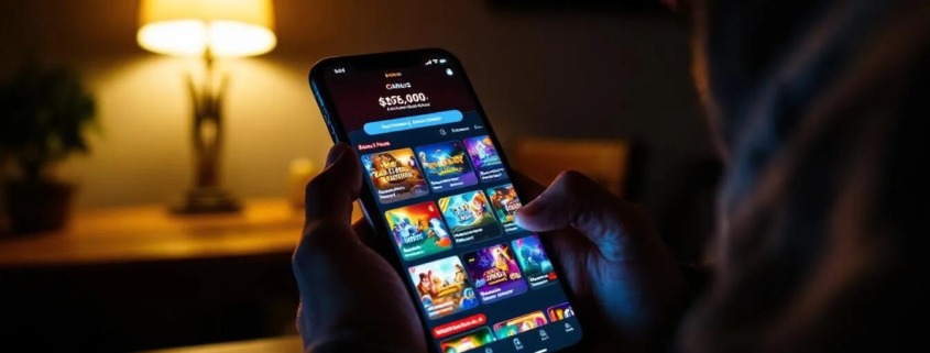 A person is sitting comfortably while using a smartphone to browse various online casino games, with enticing bonus funds displayed prominently on the screen, including options for deposit bonuses and free spins. The interface showcases specific slot games and promotional offers, inviting users to start playing and win real money.