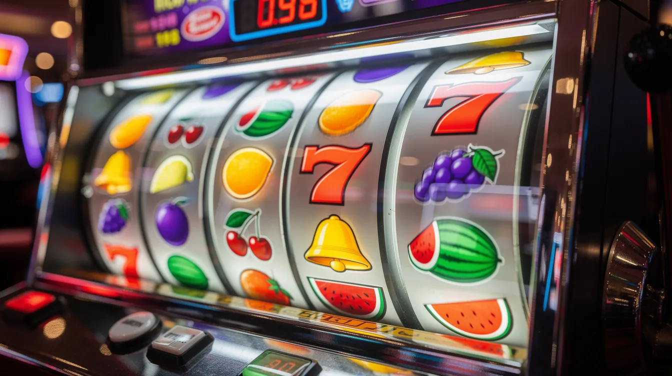 The image features vibrant slot machine reels adorned with various fruit symbols, actively spinning to create an exciting atmosphere reminiscent of classic casino games. This captivating scene highlights the thrill of playing online slots, where players can enjoy colorful graphics and the chance to win real money.