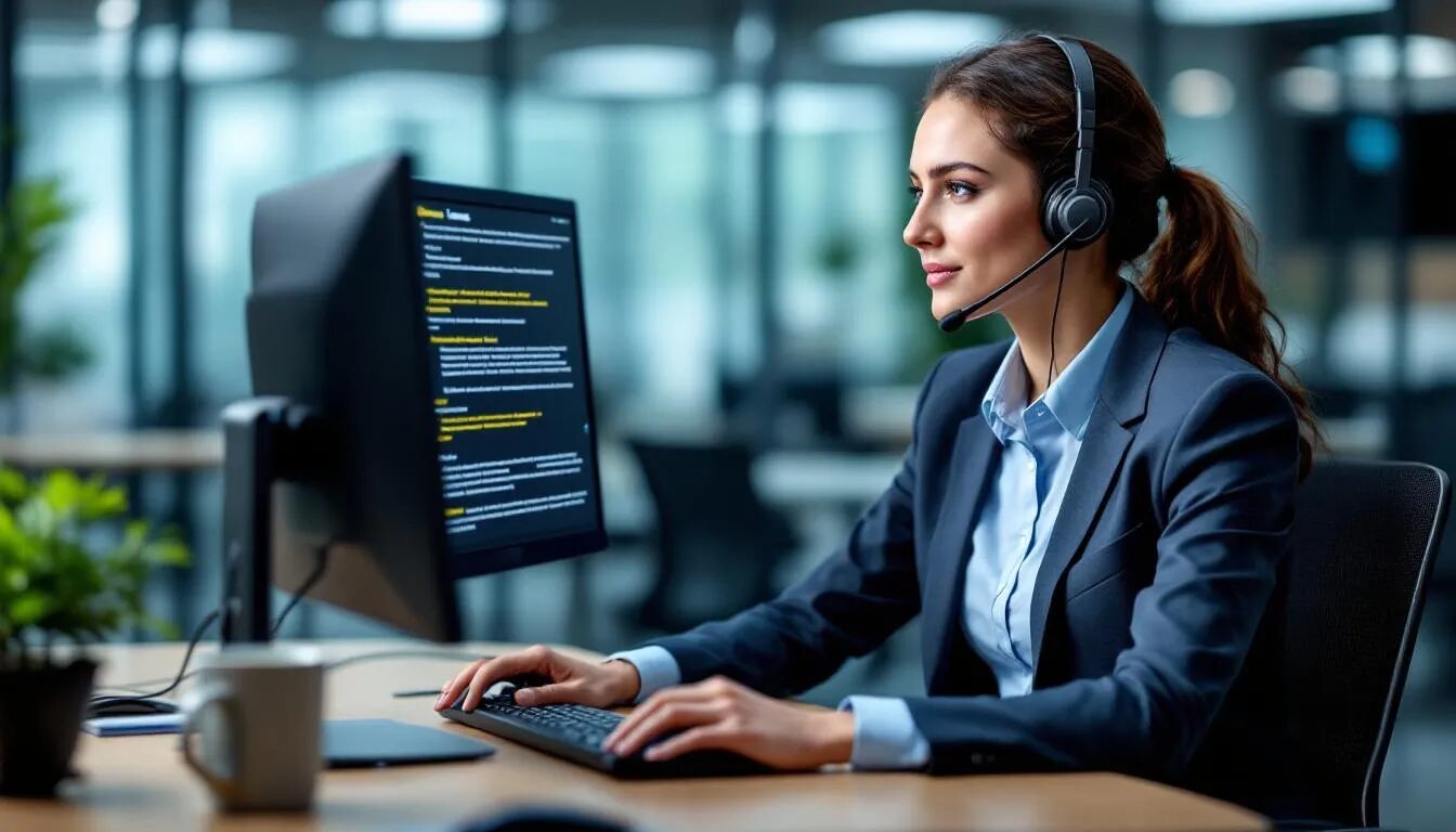 A customer service representative is assisting a player by explaining the terms of a casino bonus displayed on a computer screen, which includes details about deposit bonuses and free spins. The atmosphere is friendly and informative, helping the player understand how to claim free spins and navigate the online gaming experience effectively.