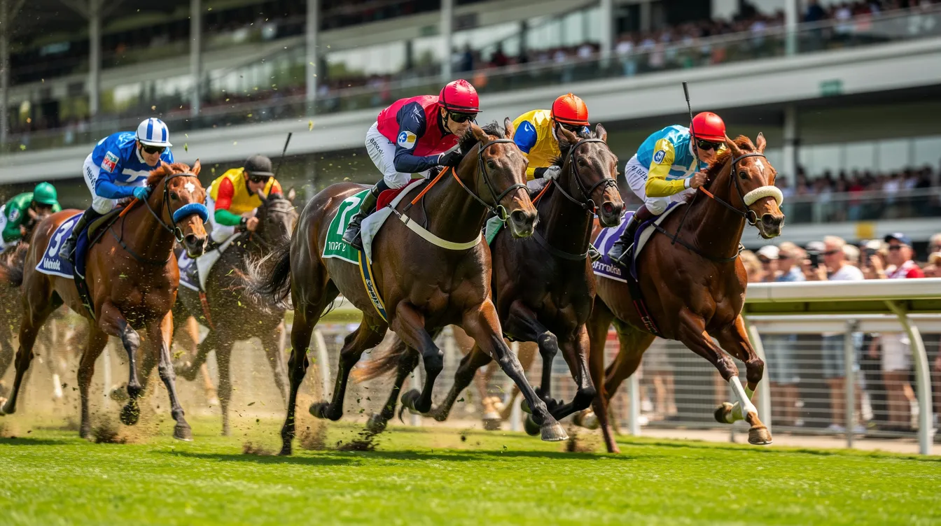 The image captures a thrilling moment in horse racing, showcasing jockeys in vibrant silks as they race on a lush green turf track. Spectators can be seen cheering, while the excitement of sports betting adds to the atmosphere, with opportunities for free bet offers and competitive odds available at various betting sites.