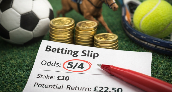 5-4 odds betting slip on background of sporting images