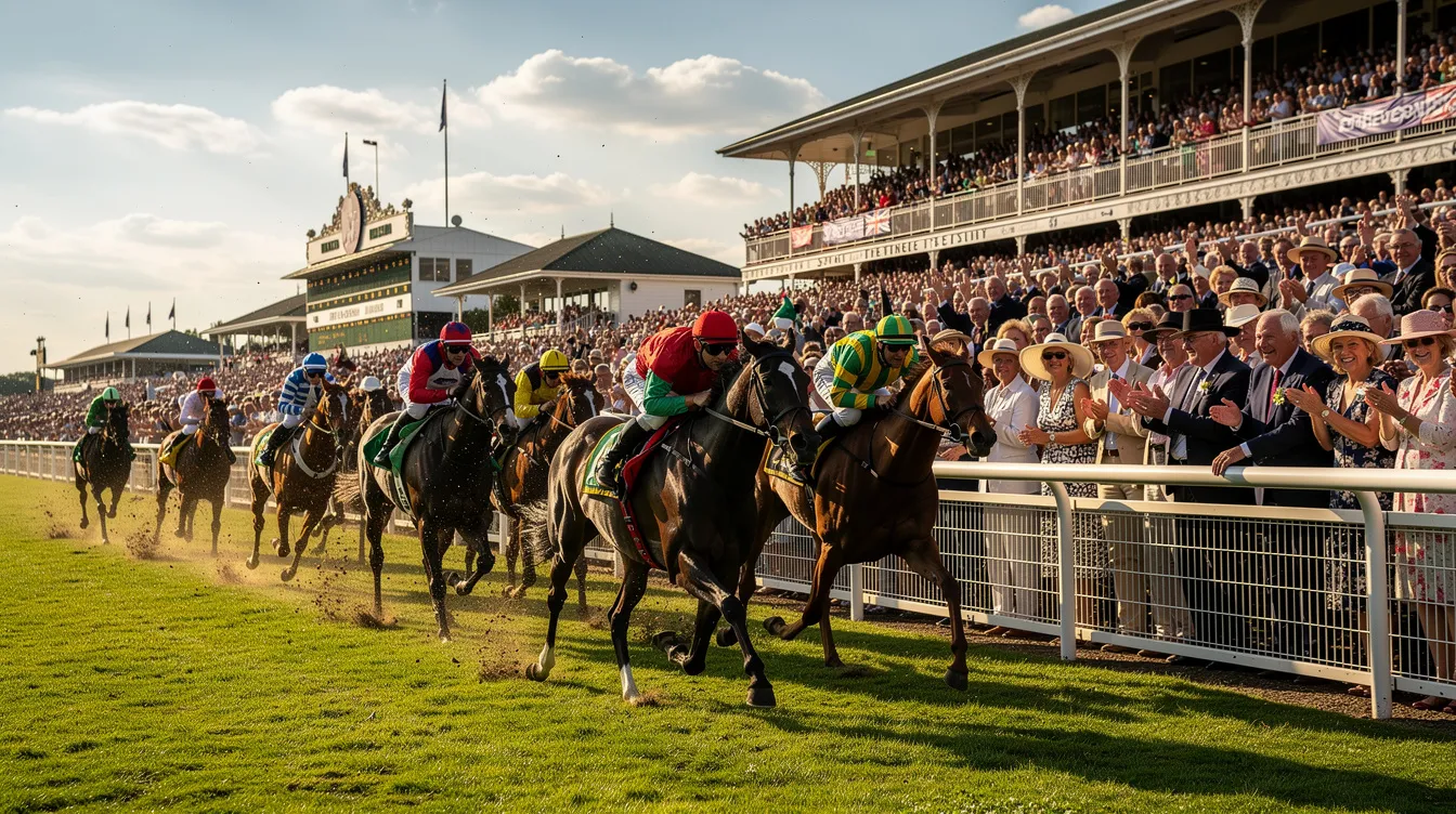 A thrilling scene at a prestigious British racecourse during the Royal Ascot, where horses race past packed grandstands under a bright summer sun. The excitement of the event is palpable as spectators cheer for their favorites, showcasing the vibrant atmosphere of horse racing.