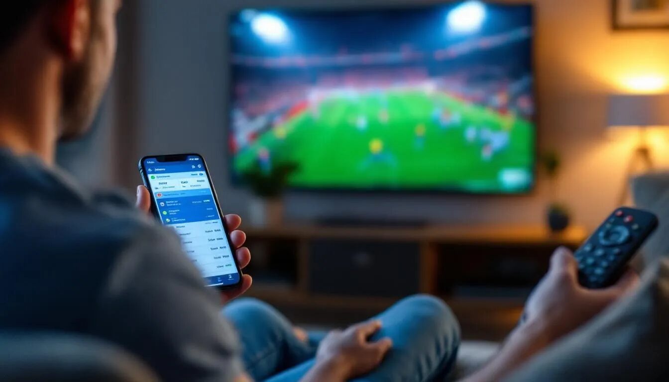 A bettor is intently comparing various football tipster services on their smartphone while watching a live football match, seeking the best football betting tips to enhance their chances of winning. The scene captures the excitement of sports betting as they evaluate free and paid football tipsters for profitable insights.