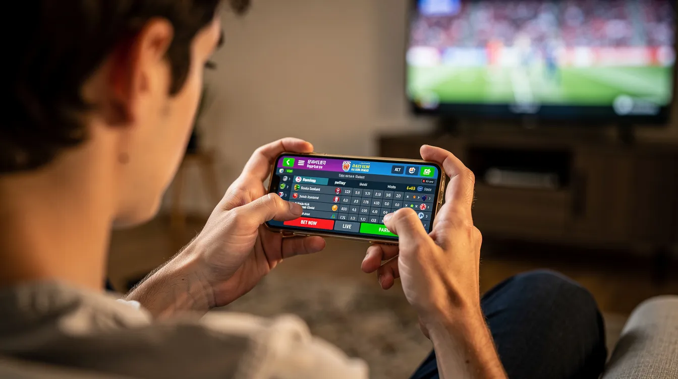 A person is holding a smartphone that displays a sports betting app interface, showcasing various betting options and odds. This image highlights the convenience of online gambling, where users can easily place bets on their favorite sports events using mobile devices.