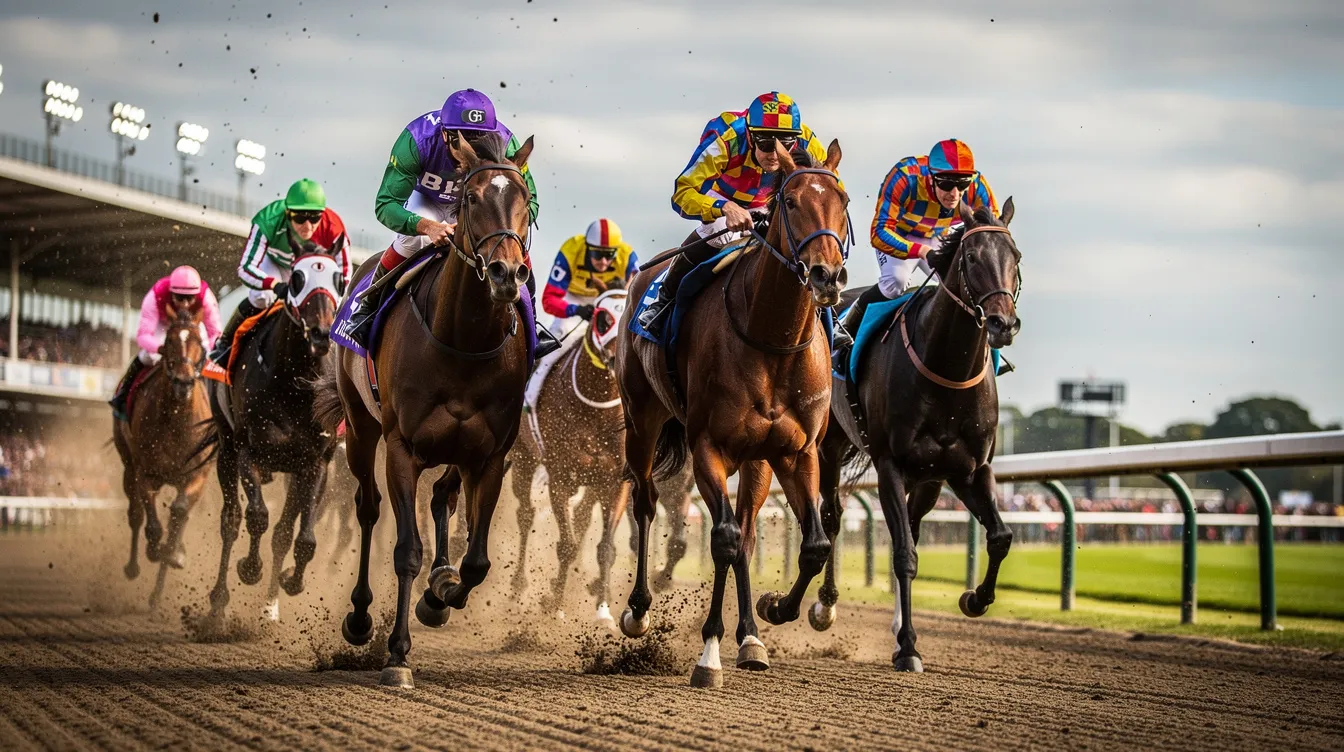 The image depicts jockeys in vibrant, colorful silks riding horses on an all-weather track during a horse racing event. The scene captures the excitement of the race meeting, showcasing the jockeys' skill and the horses' performance as they compete on the flat course.