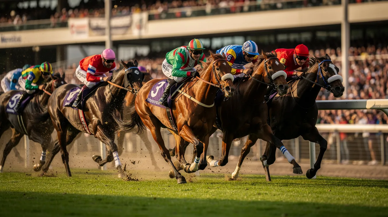 A thrilling scene captures jockeys in vibrant silks racing neck and neck towards the finish line on a lush grass track, a hallmark of the prestigious Royal Ascot event. The excitement of horse racing is palpable as they compete fiercely for victory, embodying the spirit of competition that defines the Ascot racecourse.