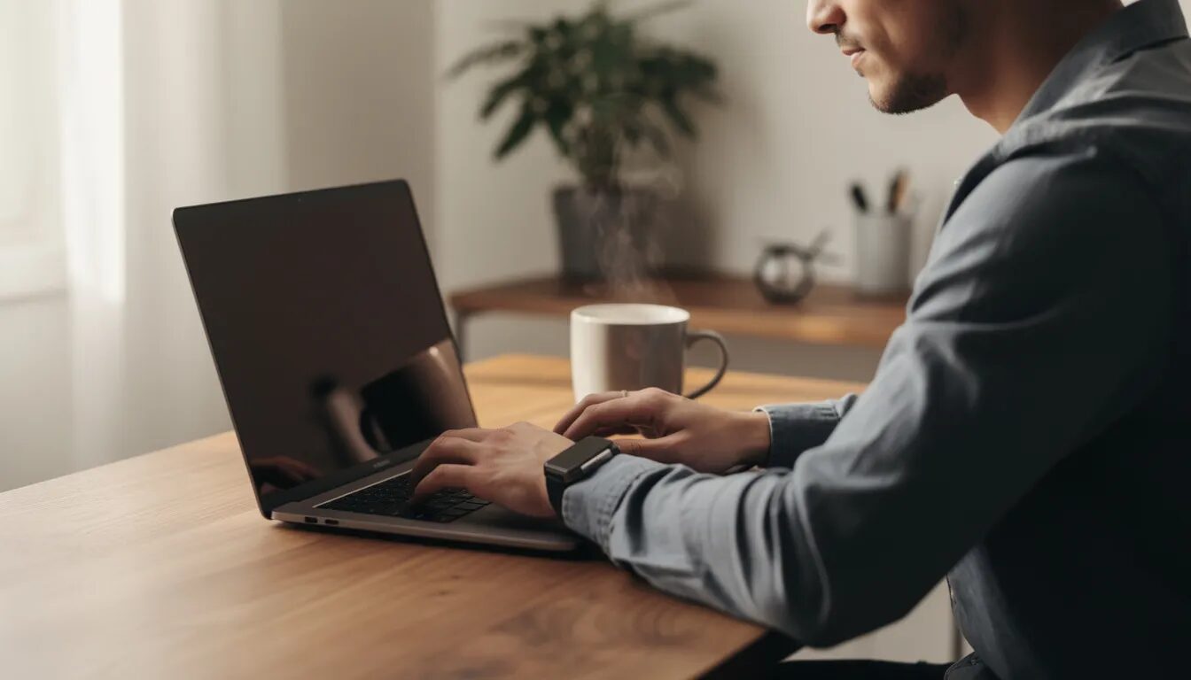 A person sits at a desk, focused on their laptop computer while enjoying a cup of coffee. The scene suggests a cozy environment, ideal for exploring online casino games or researching strategies for winning at slots.