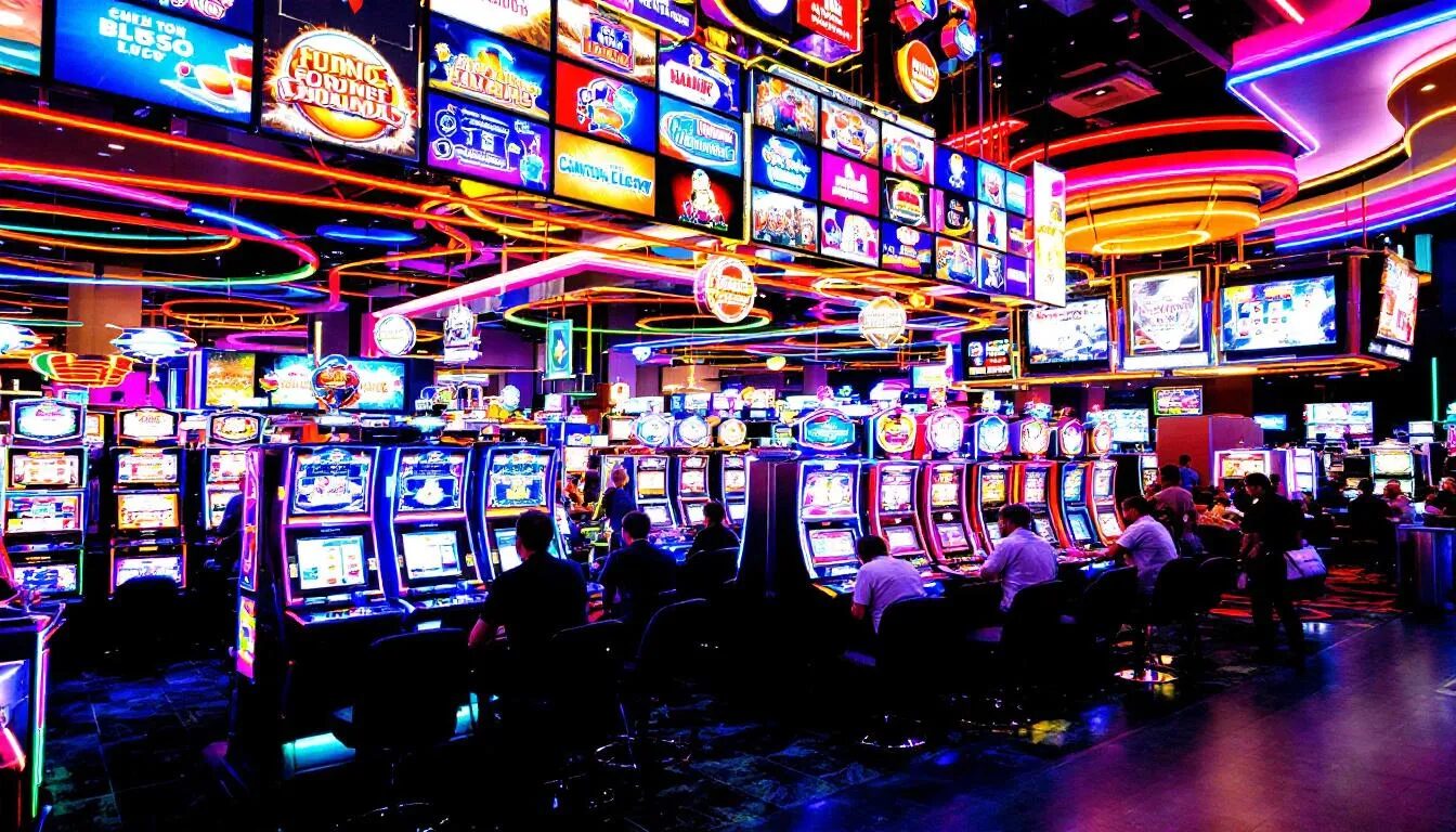 The image depicts a vibrant casino lobby filled with various slot games available for bonus play, showcasing colorful machines and enticing promotional signs for deposit bonuses and free spins. The atmosphere is lively, inviting players to explore the exciting online casino games and potential cash prizes.