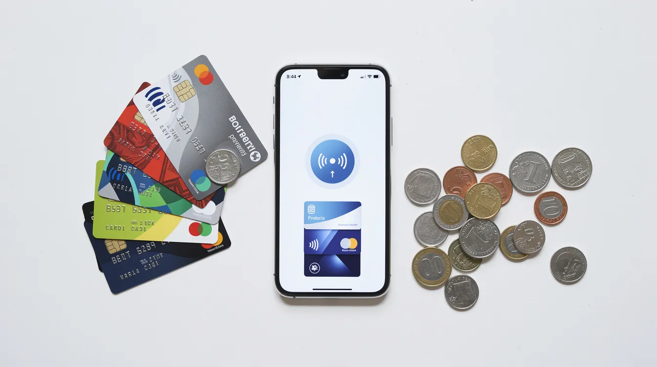 The image features various payment cards, a smartphone displaying a digital wallet interface, and coins neatly arranged on a clean white surface, symbolizing the diverse payment methods available for online casino games. This setup highlights the convenience of low deposit casinos and their minimum deposit options for players looking to enjoy real money games.