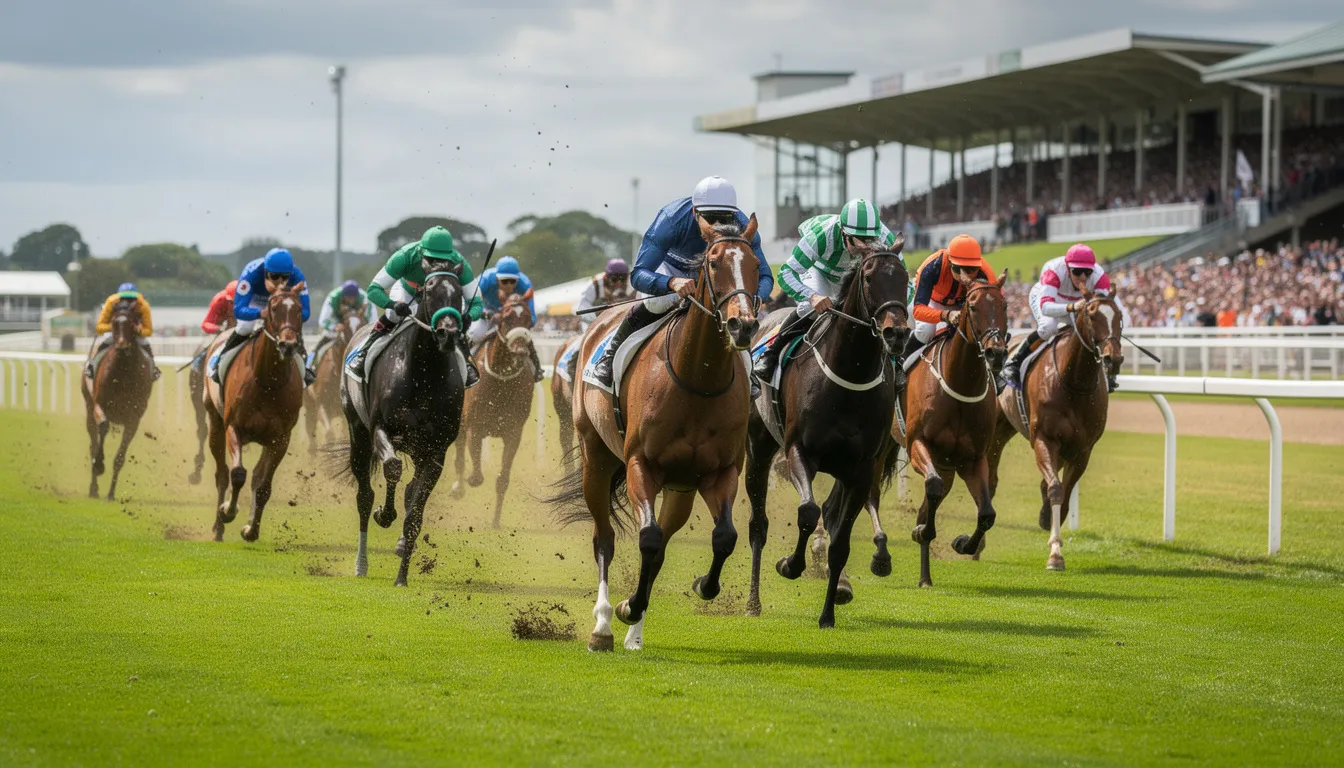 A dynamic scene of horses racing on a UK turf racecourse, showcasing a competitive field as they thunder down the track, capturing the excitement of horse racing fans. The image highlights the intensity of the race, perfect for those seeking the best horse racing tips and predictions.