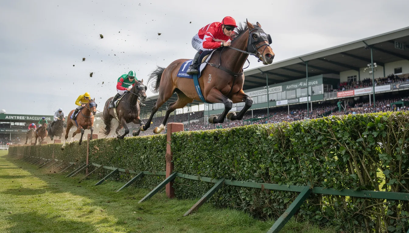 The image depicts a thrilling moment at Aintree racecourse, where multiple horses are gracefully leaping over fences during a prestigious horse racing event. This scene captures the excitement of horse racing, appealing to fans and enthusiasts looking for the best horse racing tips and predictions.