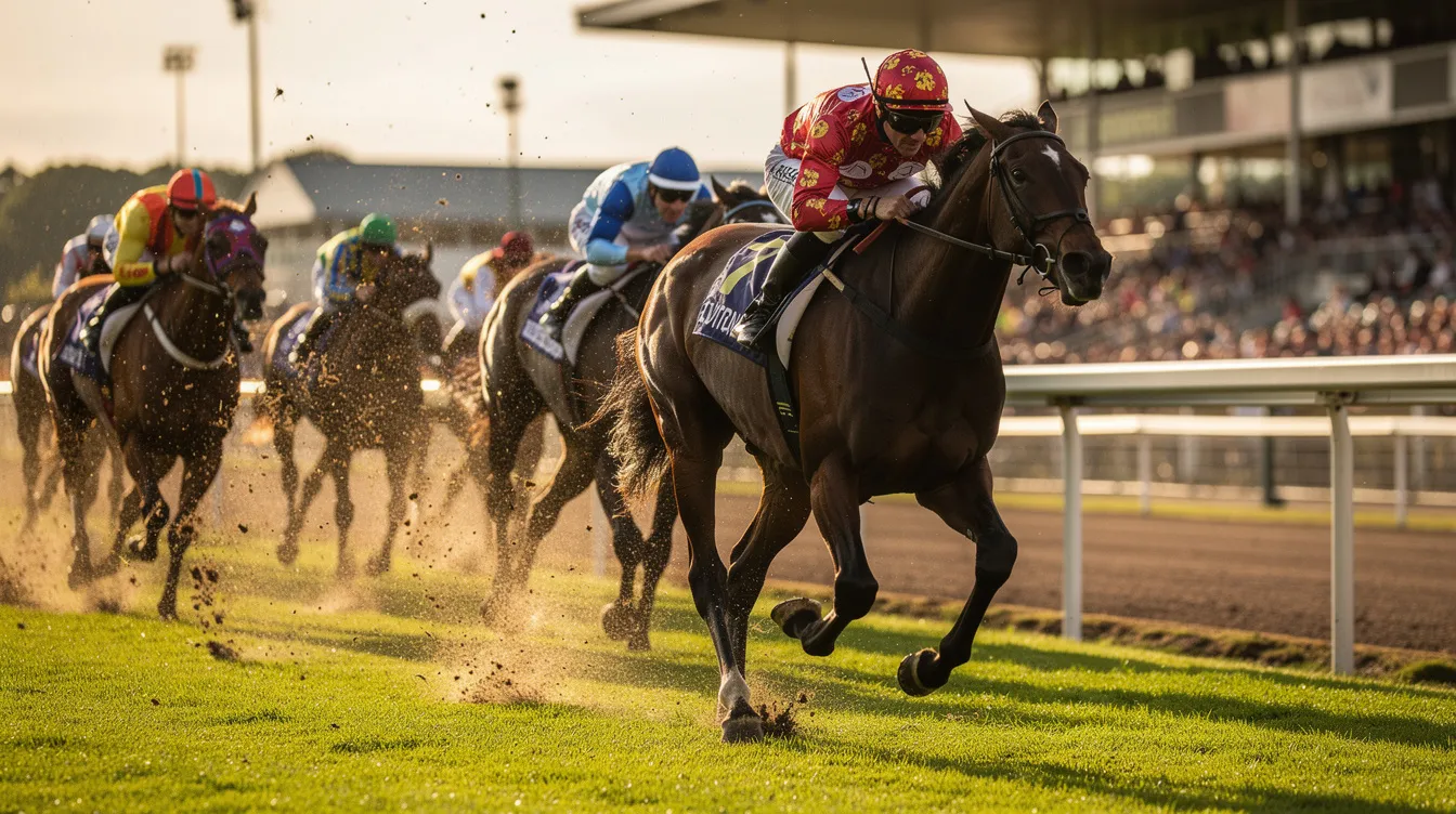 The image shows a close-up of horses and jockeys as they race towards the home straight on a turf course, highlighting the intense competition typical of horse racing. The jockeys are focused, guiding their mounts, which may include previous distance winners and joint favorites, as they strive for the best finishing position at this particular track.