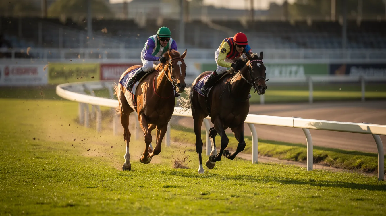 Two racehorses gallop around a bend on a turf racetrack, showcasing their speed and stamina as they compete in the race. The scene captures the excitement of horse racing, highlighting the horses' performances as they strive for a winning position on the course.