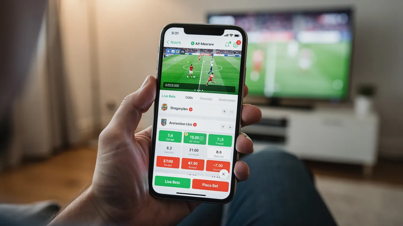 A person is holding a smartphone that displays a sports betting application featuring a live football match on the screen, highlighting various betting markets and options for placing a qualifying bet. The app likely includes offers for free bets, such as "get 30 in free bets" and details about ongoing promotions from the best betting sites.