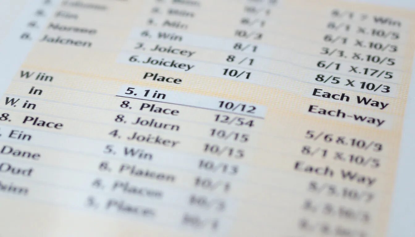 A betting slip displays various horse racing prices and selections, highlighting odds for favourites, second and third favourites, as well as competitive races. This image showcases the betting market where punters can place their bets on horses, reflecting the dynamics of horse racing betting and the potential for prize money.