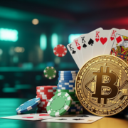 bitcoin against a deck of cards with poker chips on table