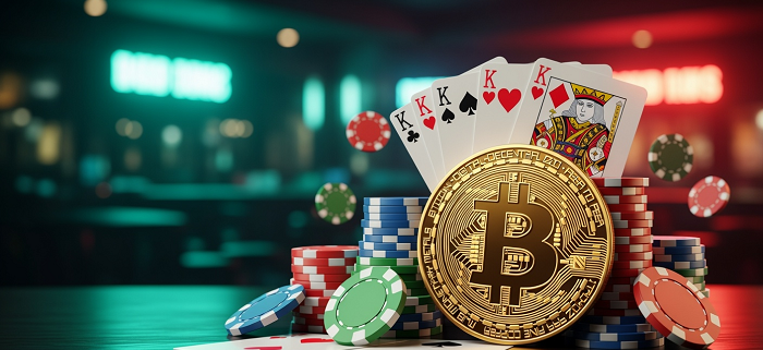 bitcoin against a deck of cards with poker chips on table