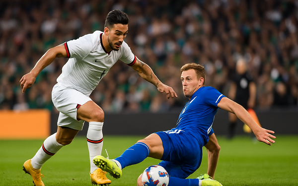 footballer making tackle as player runs past him