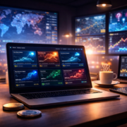 Laptop on table with trading screens