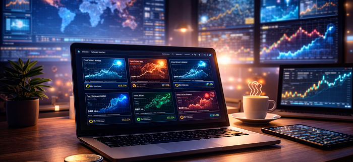 Laptop on table with trading screens