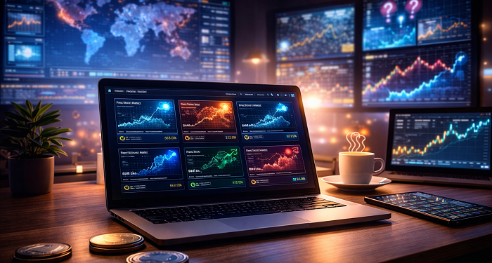 Laptop on table with trading screens