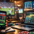 computer with goal on it, mobile phone and screen behind showing football