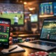 computer with goal on it, mobile phone and screen behind showing football