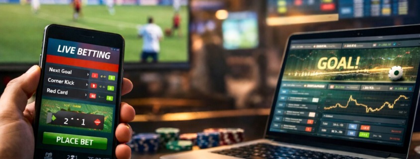 computer with goal on it, mobile phone and screen behind showing football