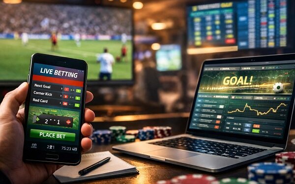 computer with goal on it, mobile phone and screen behind showing football