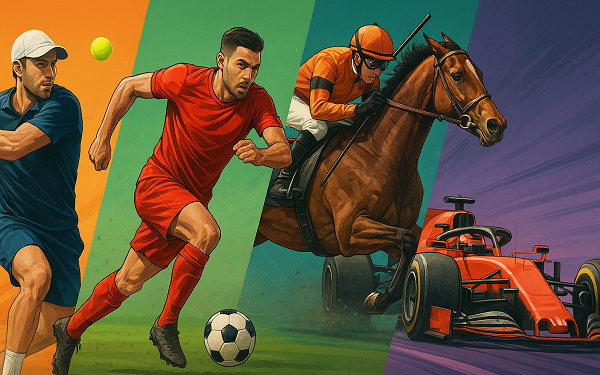 Multi sports represented in one picture - football, tennis, horse racing, motor sport