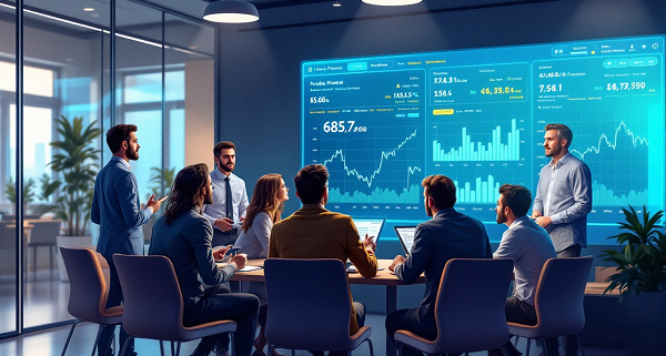 group in office sat round table looking at prediction market screen