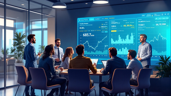 group in office sat round table looking at prediction market screen