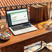 Spanish sportsbook on laptop on table surrounded by poker chips and Spanish themed-items