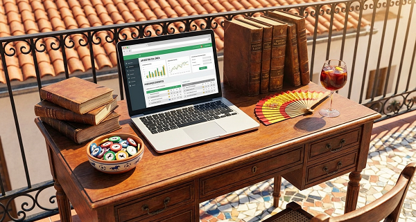 Spanish sportsbook on laptop on table surrounded by poker chips and Spanish themed-items