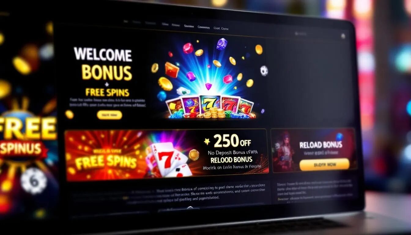 The image depicts a vibrant UK online casino welcome screen showcasing various enticing free bonus offers, including deposit bonuses and free spins for new customers. Bright graphics highlight the promotions, inviting players to explore online casino games while ensuring responsible gambling practices.