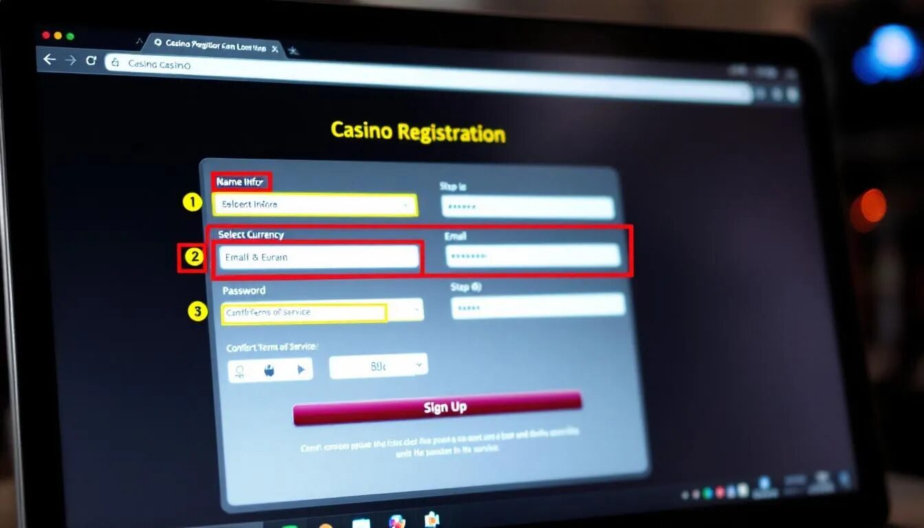 The image shows a desktop computer displaying a casino registration form, outlining a step-by-step sign-up process for online casinos, including options for deposit bonuses and free spins. This interface is designed to help users easily navigate through the registration while highlighting potential bonuses like free spins no deposit and other promotional offers.