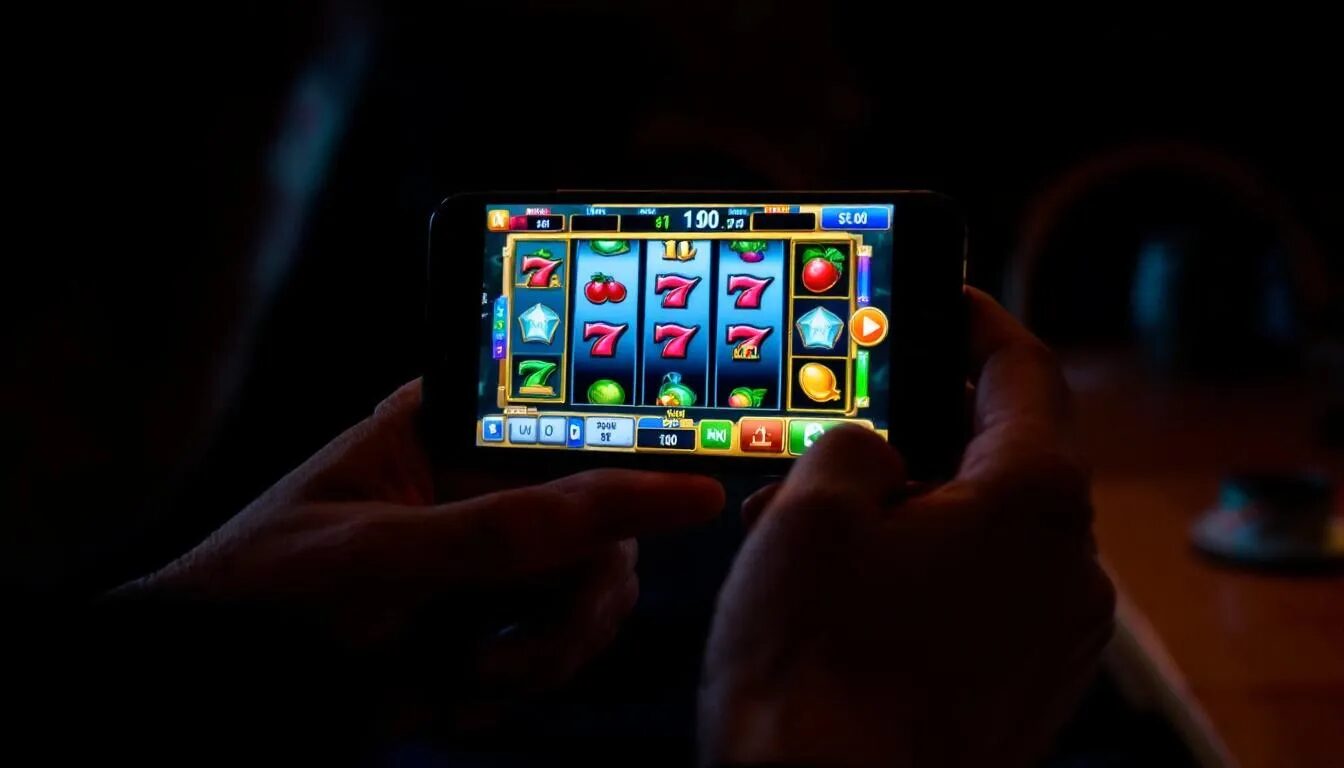 A person is holding a smartphone that displays a vibrant casino slot game with spinning reels, showcasing the excitement of online casinos. The game may offer features like free spins, where players can potentially win real money without a deposit required.