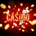 The word Casino, surrounded by a luminous frame and attributes of gambling, on a explosion background