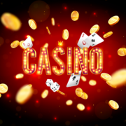 The word Casino, surrounded by a luminous frame and attributes of gambling, on a explosion background