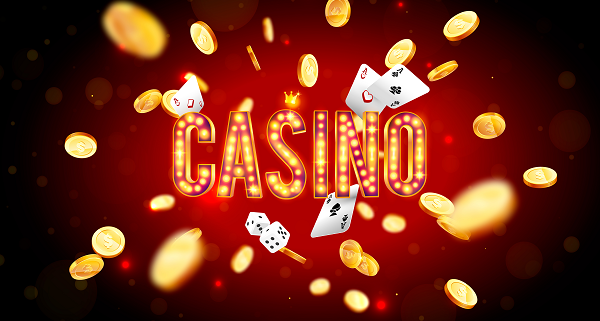 The word Casino, surrounded by a luminous frame and attributes of gambling, on a explosion background