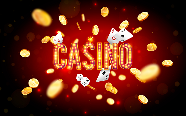 The word Casino, surrounded by a luminous frame and attributes of gambling, on a explosion background