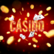 The word Casino, surrounded by a luminous frame and attributes of gambling, on a explosion background